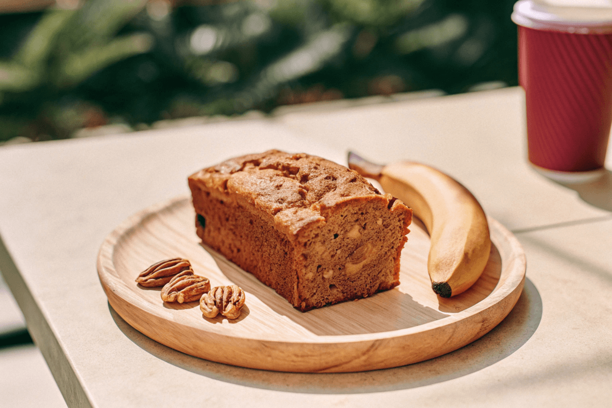 Slice of Starbucks-style banana bread on a plate with nuts and banana.