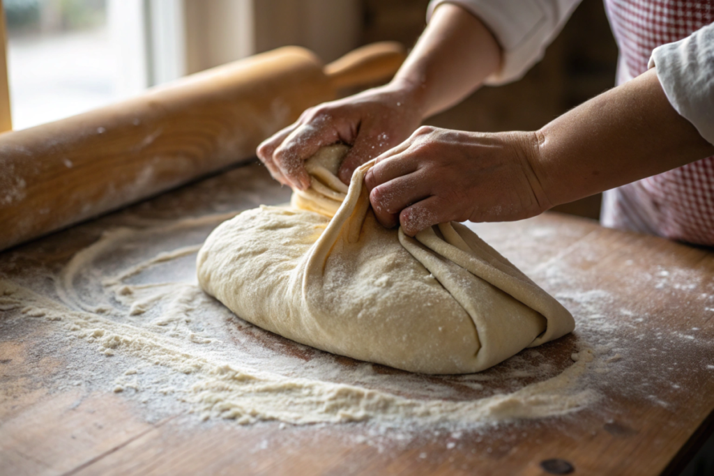 Hands shaping sourdough dough on a floured surface