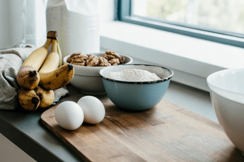 Ingredients for Starbucks-style banana bread on a wooden counter.