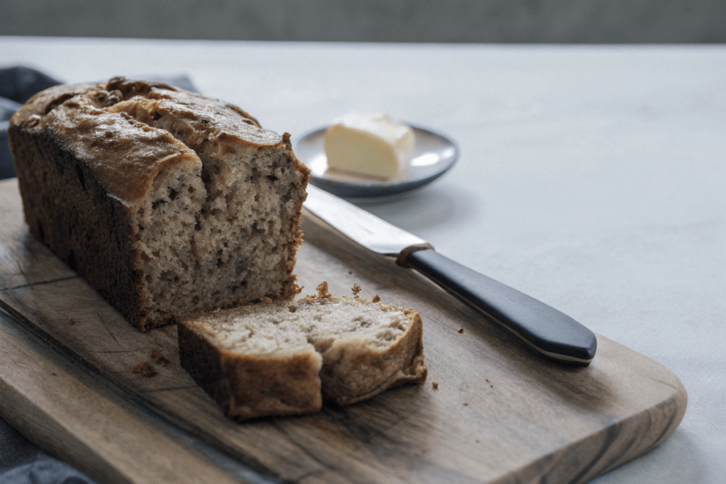 Sliced 4 ingredient banana bread with a visible moist texture.