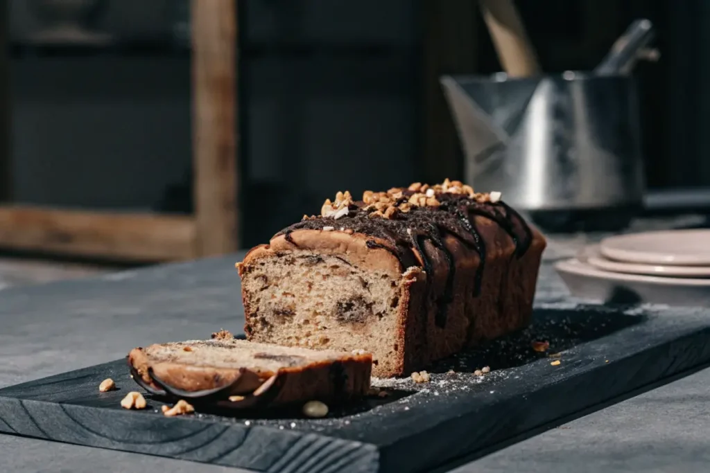 Creative banana bread topped with chocolate swirl and walnuts