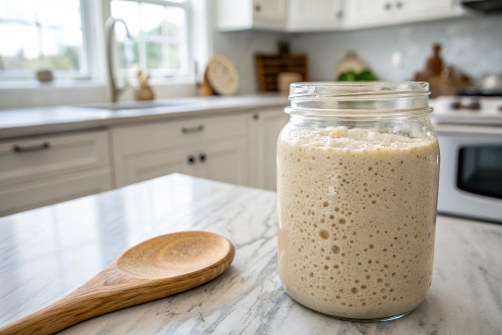 Sourdough fermentation with bubbly dough in a jar