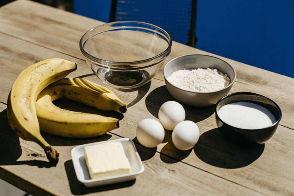 Ingredients for banana bread neatly arranged on a wooden table.