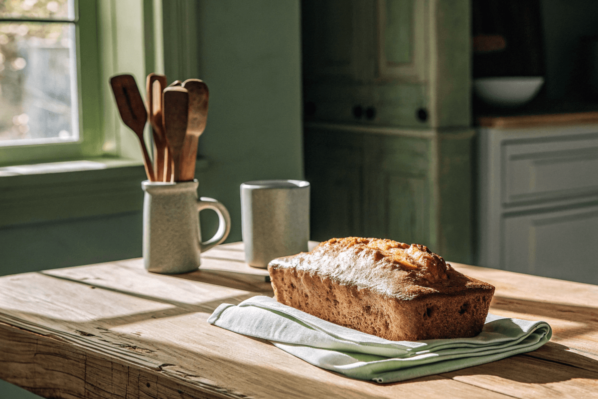 Freshly baked banana bread loaf on a wooden table