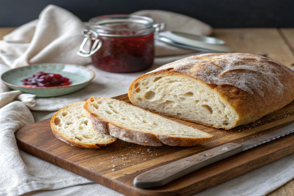  Sliced sourdough bread revealing its airy crumb.