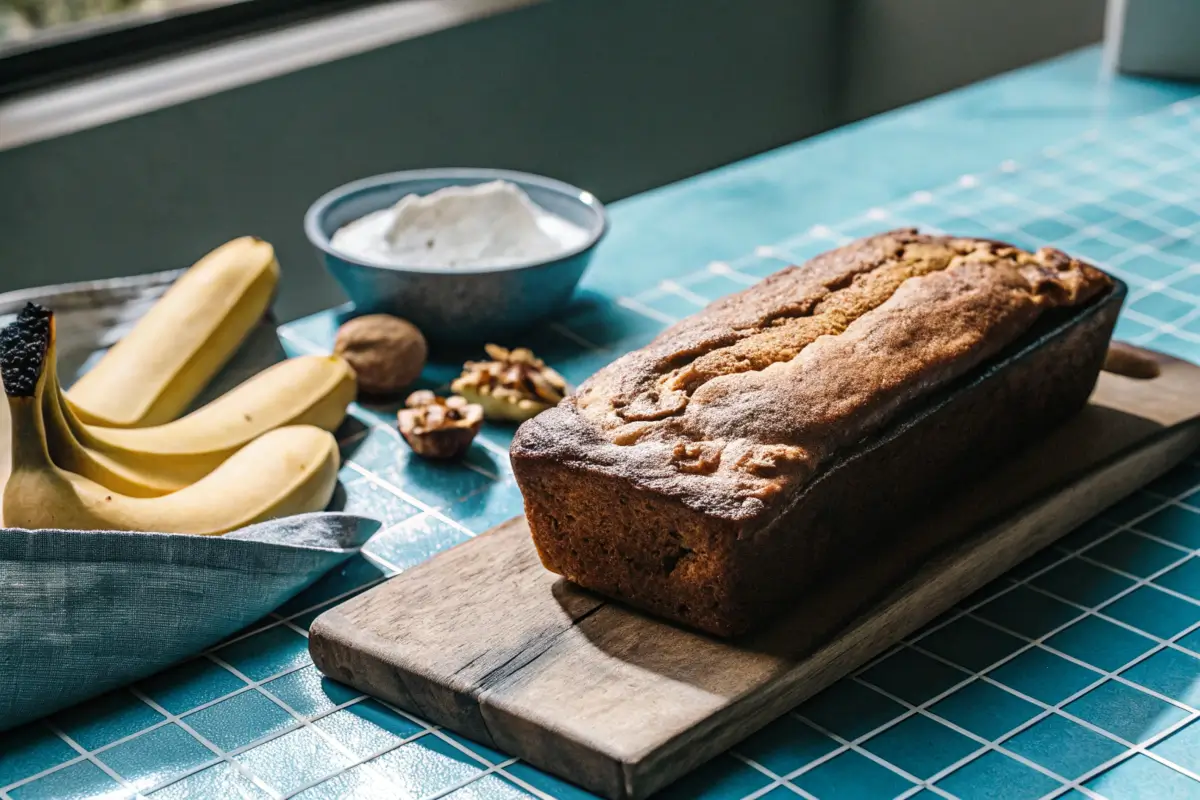 Perfectly baked banana bread surrounded by ingredients on a wooden board