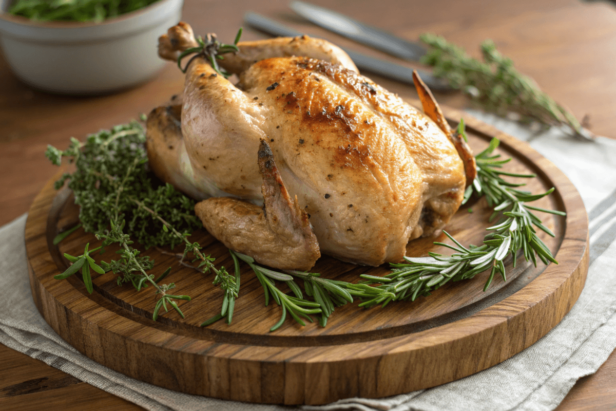 Roasted Crown Chicken on a Wooden Platter with Herbs