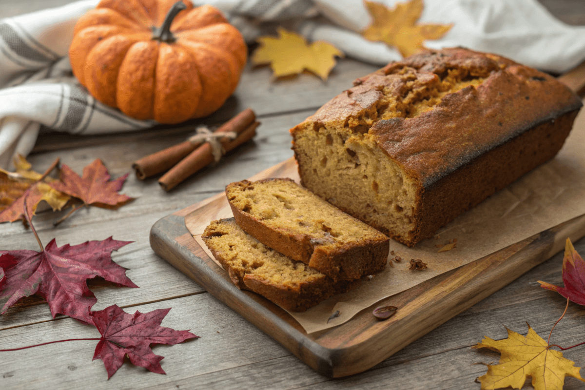 Rustic loaf of pumpkin sourdough bread with autumn decor