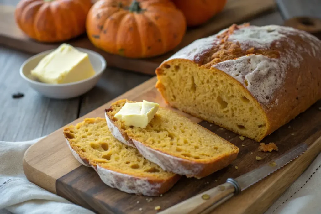 Close-up of sliced pumpkin sourdough bread with a soft orange crumb