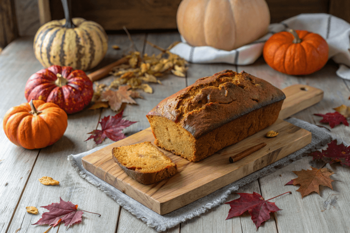 A golden-brown loaf of pumpkin sourdough bread on a rustic table