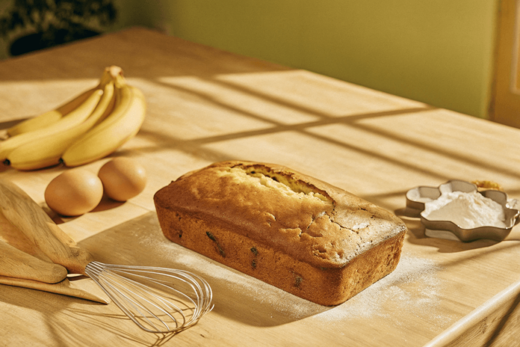 A perfectly baked loaf of banana bread surrounded by baking ingredients