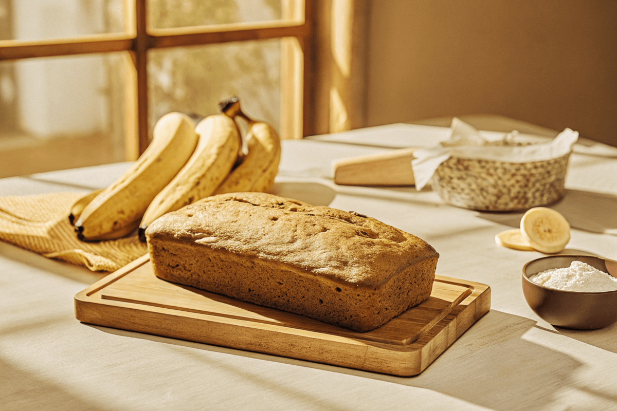 Golden-brown 4 ingredient banana bread on a wooden board with bananas and baking ingredients