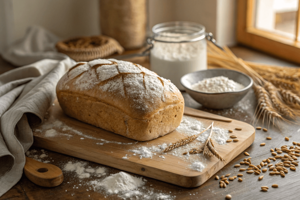 Rustic loaf of sourdough bread on a wooden board