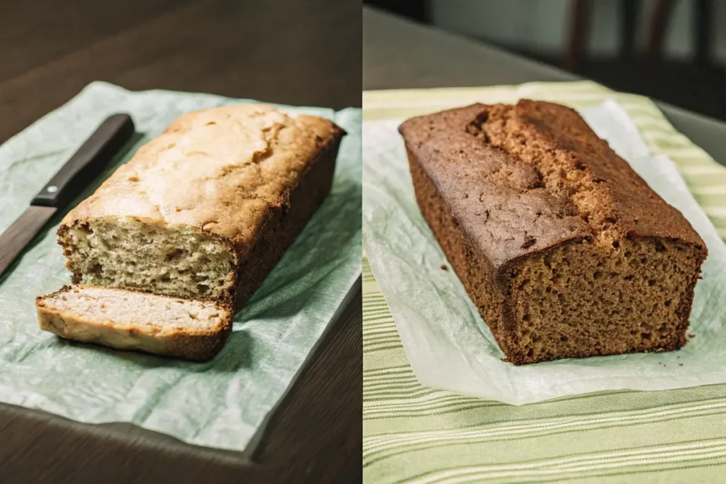 Comparison of overmixed dense banana bread and perfectly fluffy banana bread.