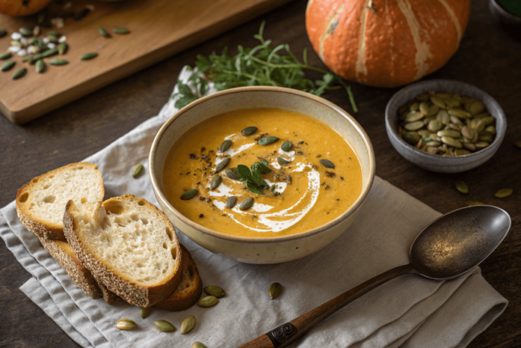 A bowl of creamy pumpkin soup with a slice of pumpkin sourdough