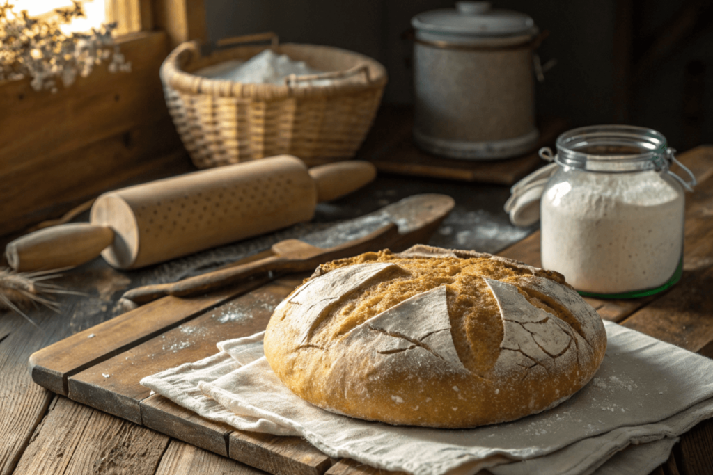 Artisan sourdough bread with golden crust on a rustic counter