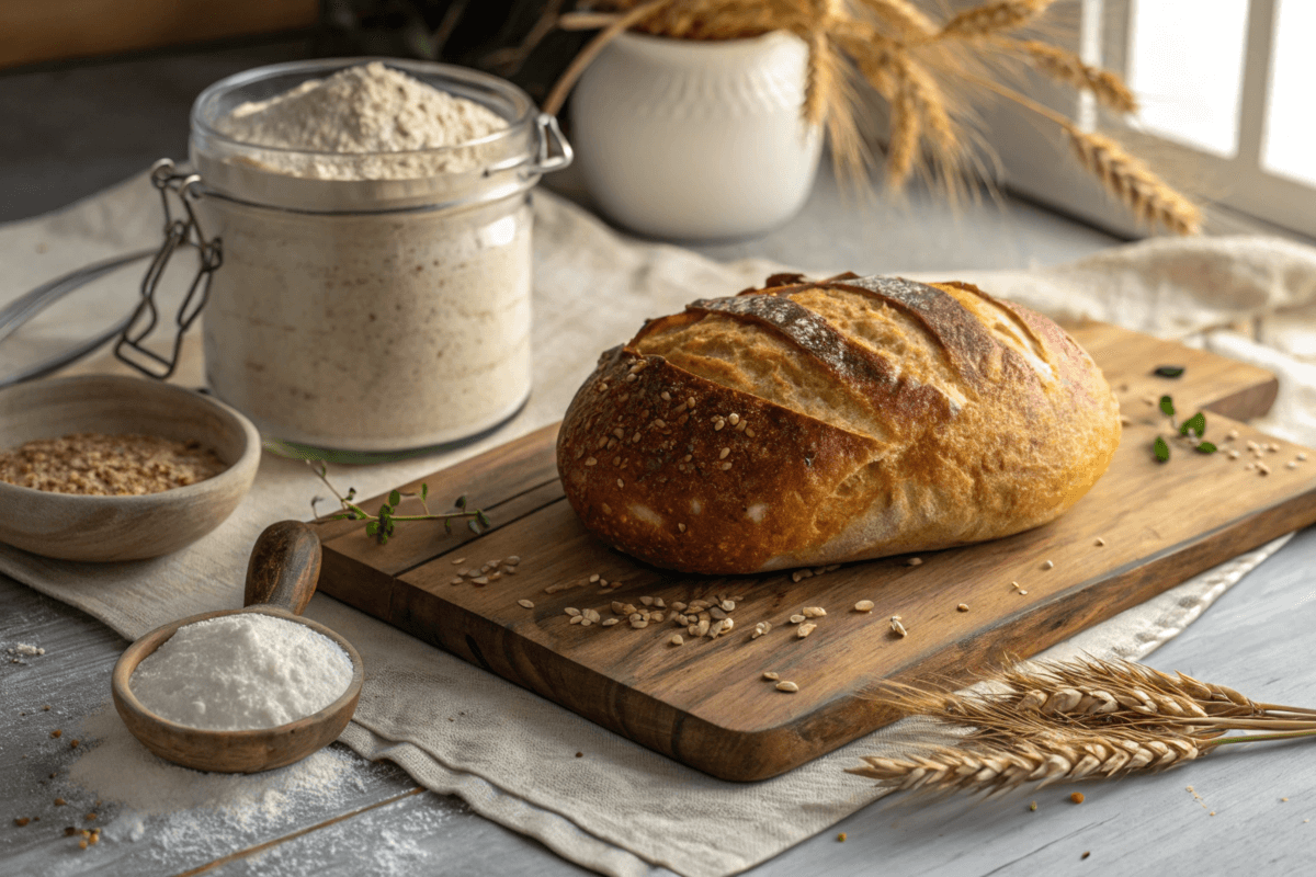 Artisan sourdough bread with golden crust on a rustic board.