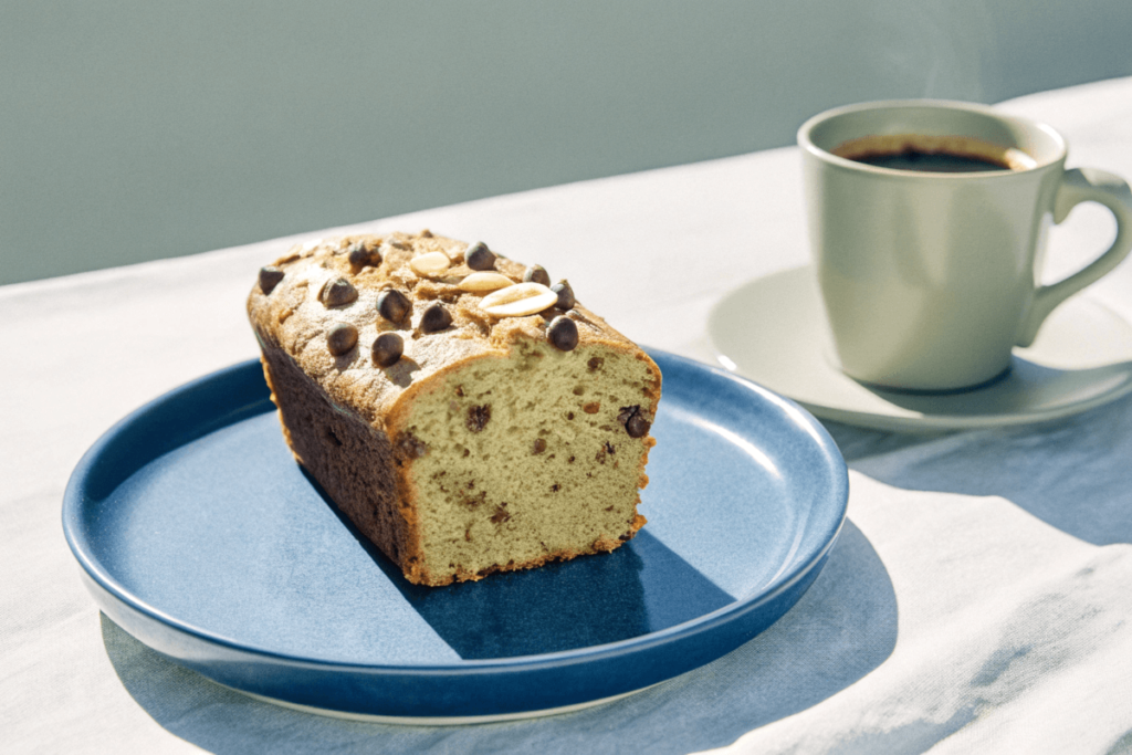 Banana bread slice topped with chocolate chips and nuts