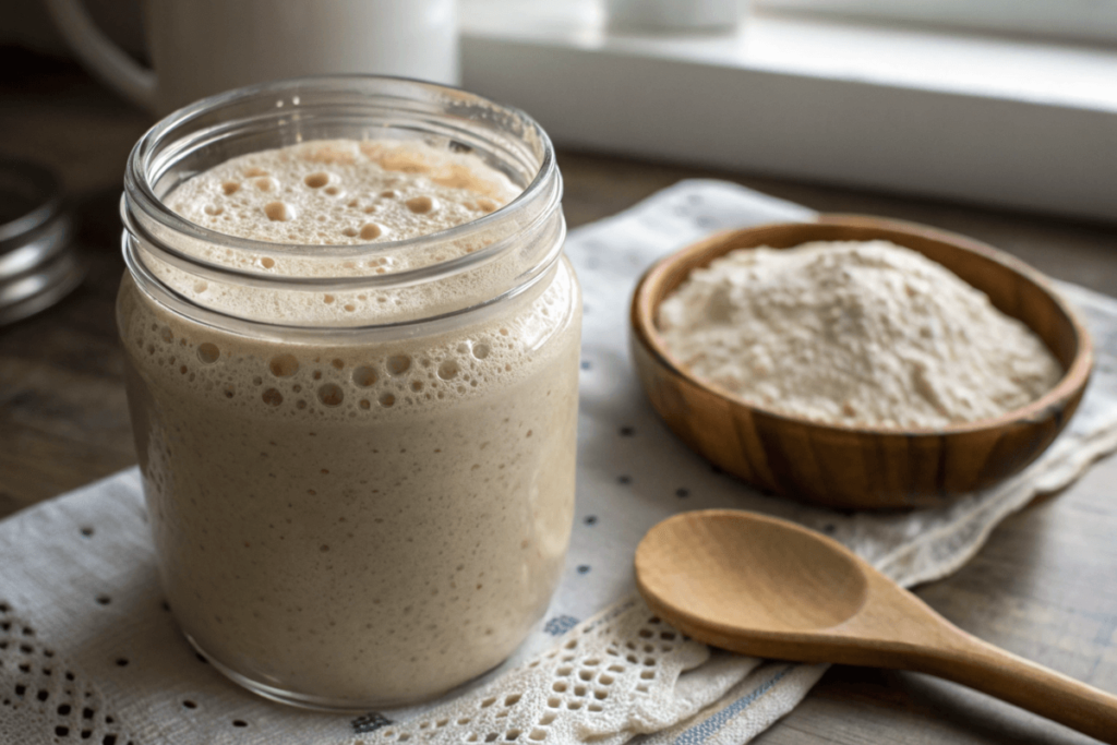 "Bubbly sourdough starter in a glass jar on a wooden table."