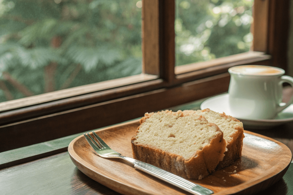 A close-up of a moist slice of banana bread on a wooden plate