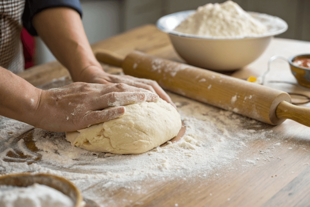  Hands kneading sourdough dough on a floured surface