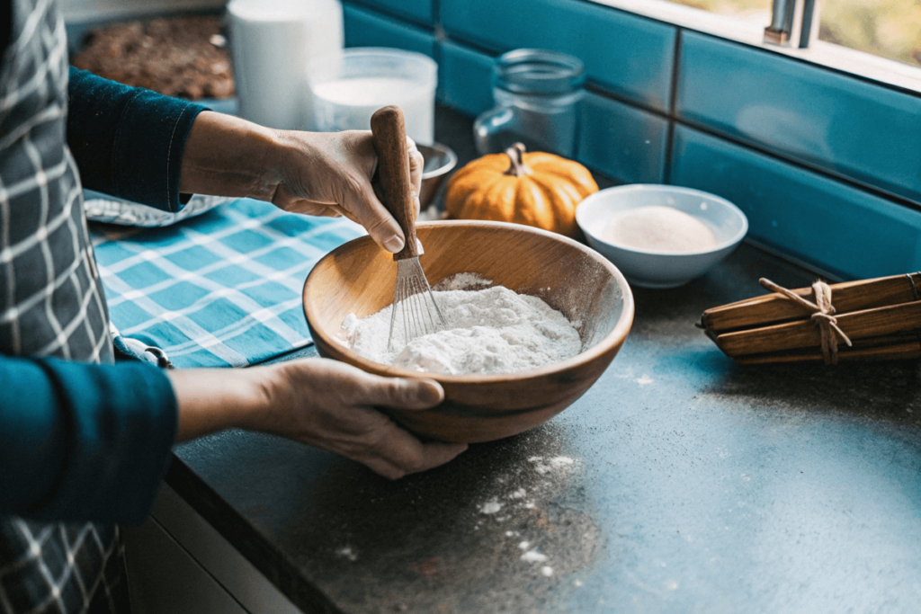  Baker mixing pumpkin sourdough bread dough.