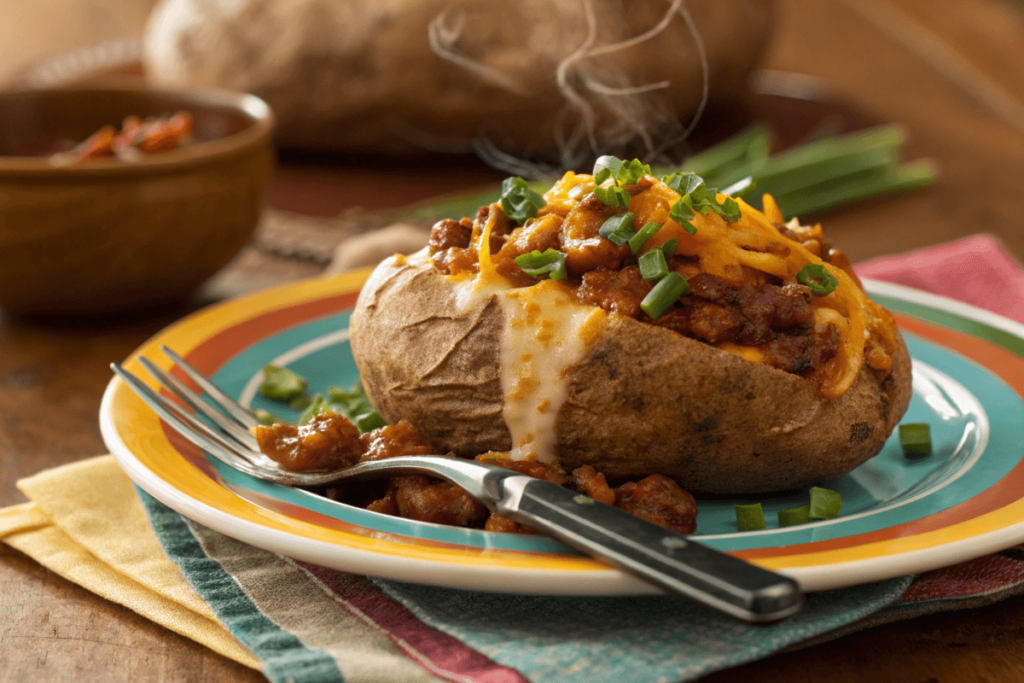 Baked potato with taco soup topping