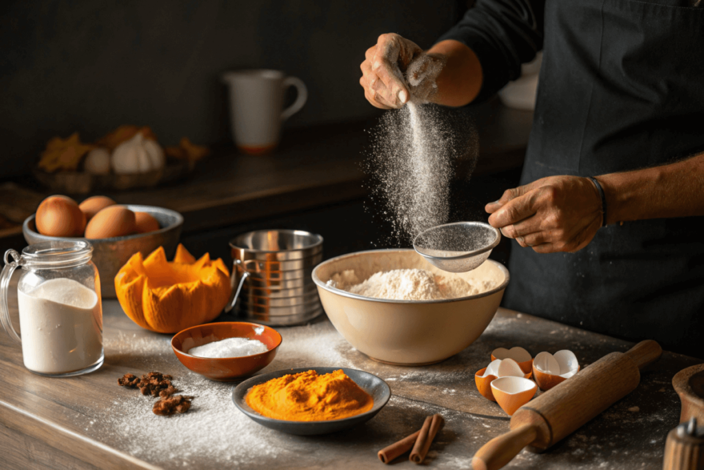 Baker sifting flour with pumpkin bread ingredients on the counter.