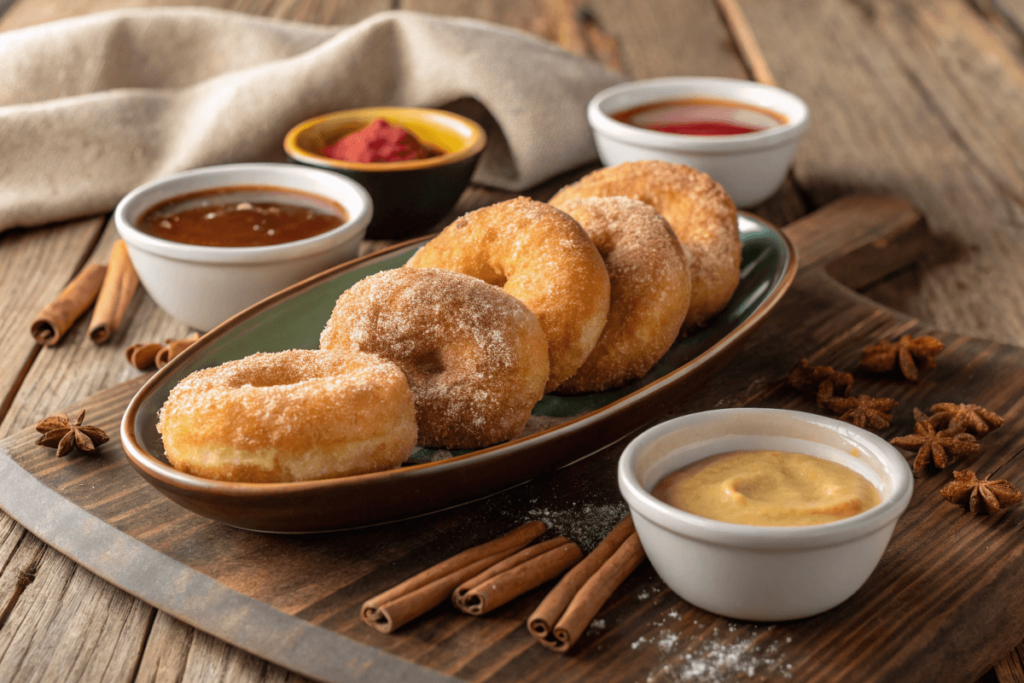 Fried dough with cinnamon sugar and dipping sauces.