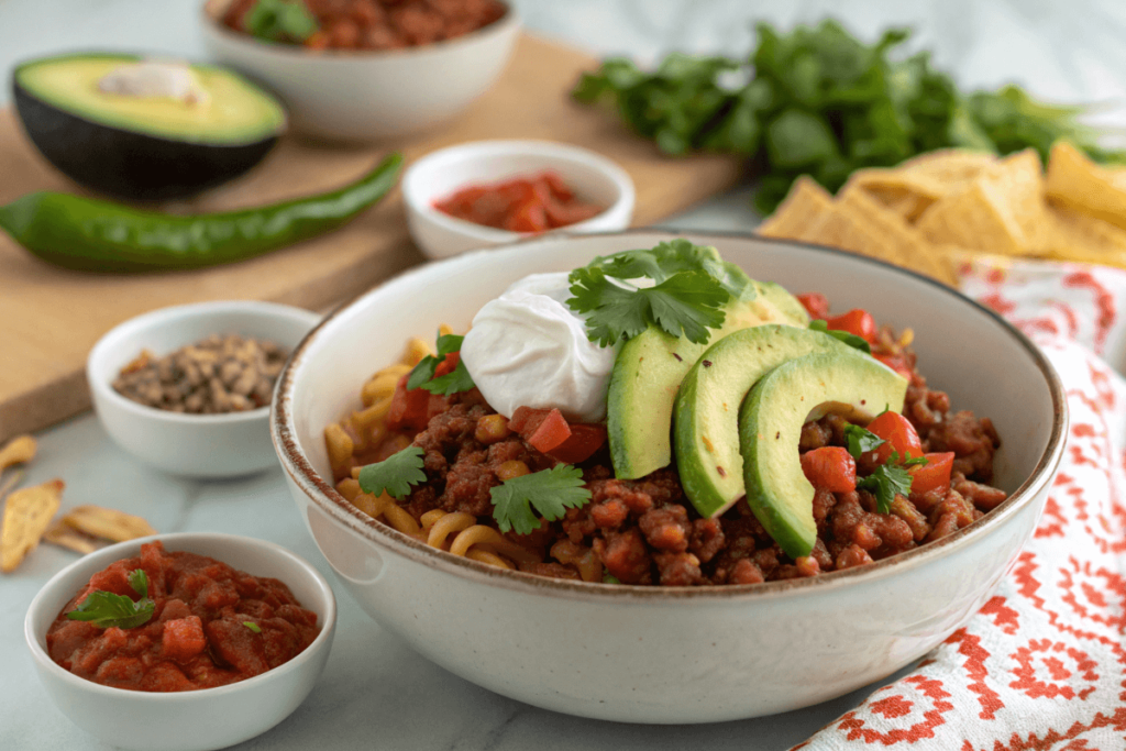 Mexican-inspired Hamburger Helper topped with avocado and sour cream