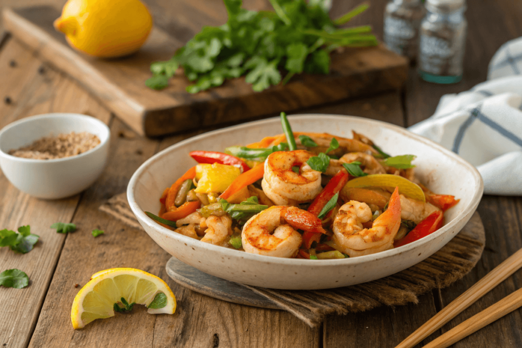 Stir-fried shrimp with vegetables prepared with baking soda