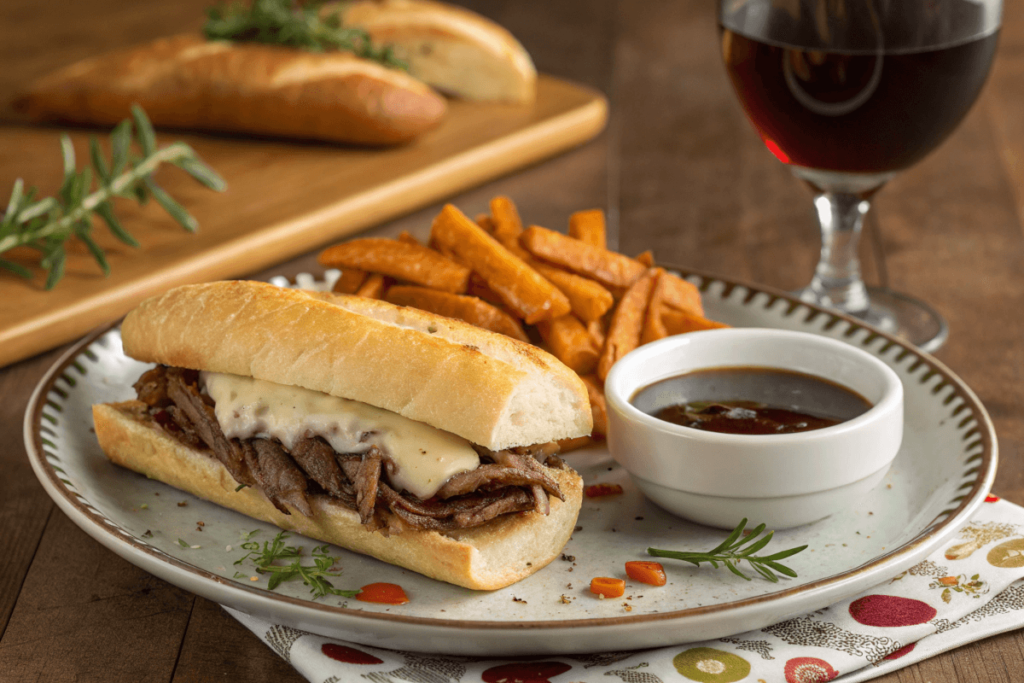 French dip sandwich meal with sides and wine