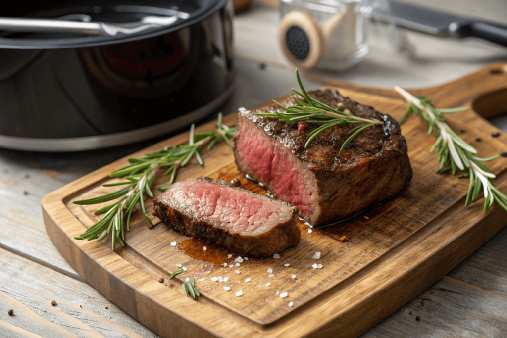 Medium-rare steak served with rosemary and air fryer in background