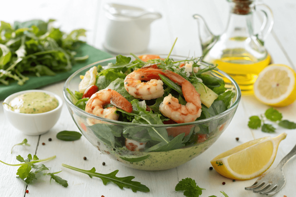 Fresh Shrimp Salad in a Glass Bowl with Lemon