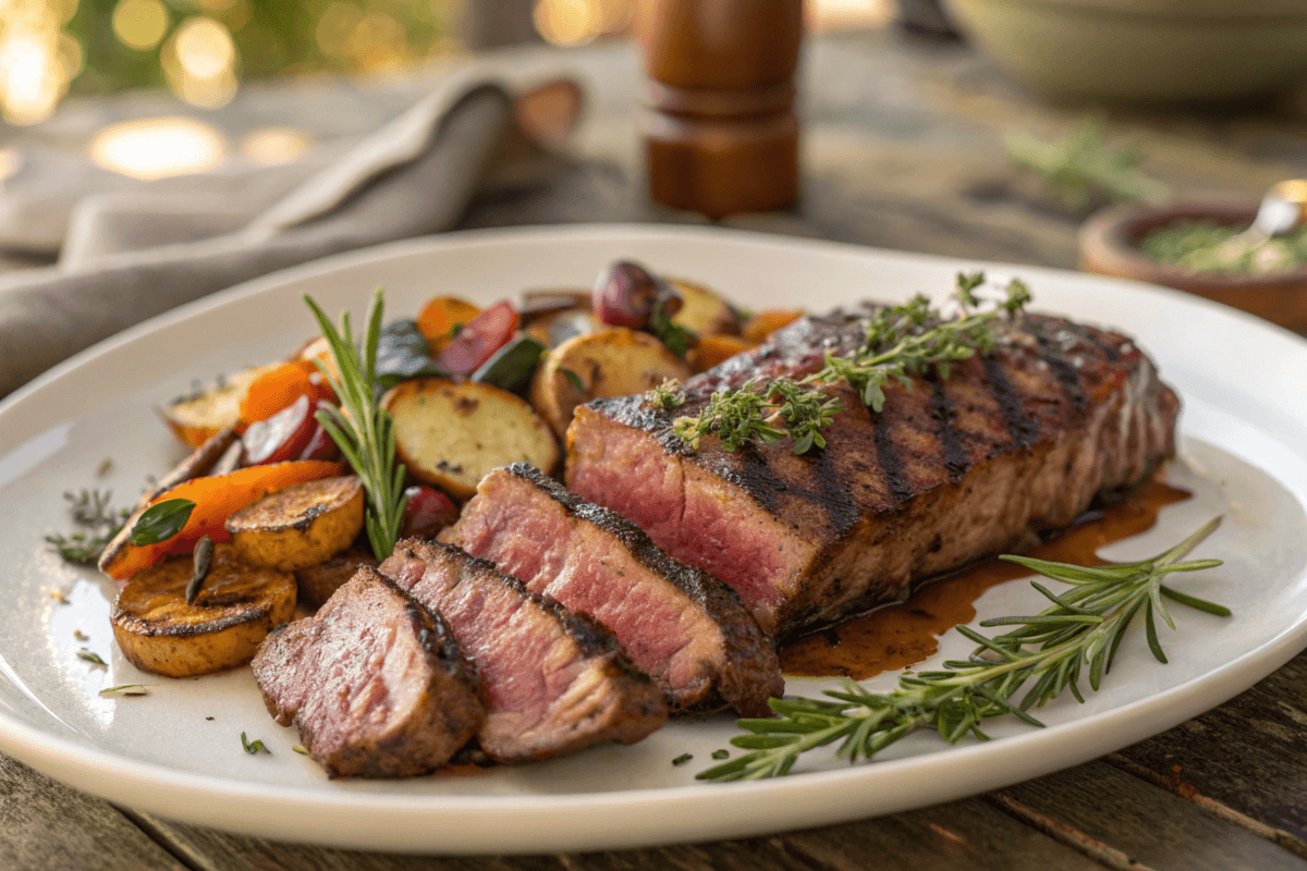 Perfectly reheated leftover steak served with roasted vegetables