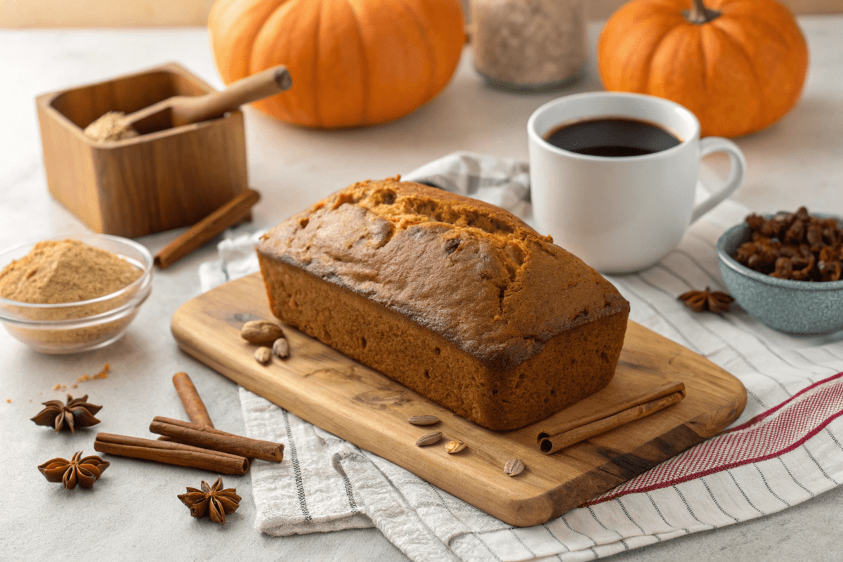 Freshly baked pumpkin bread on a wooden cutting board with autumn spices