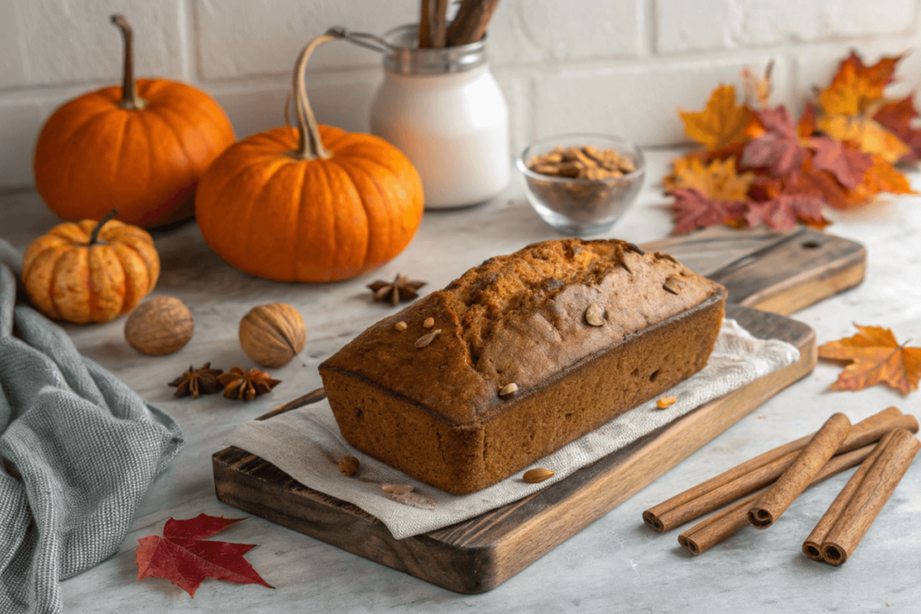 Freshly baked pumpkin bread surrounded by fall-themed decorations