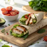 Chicken salad wrap with fresh ingredients on a rustic board.