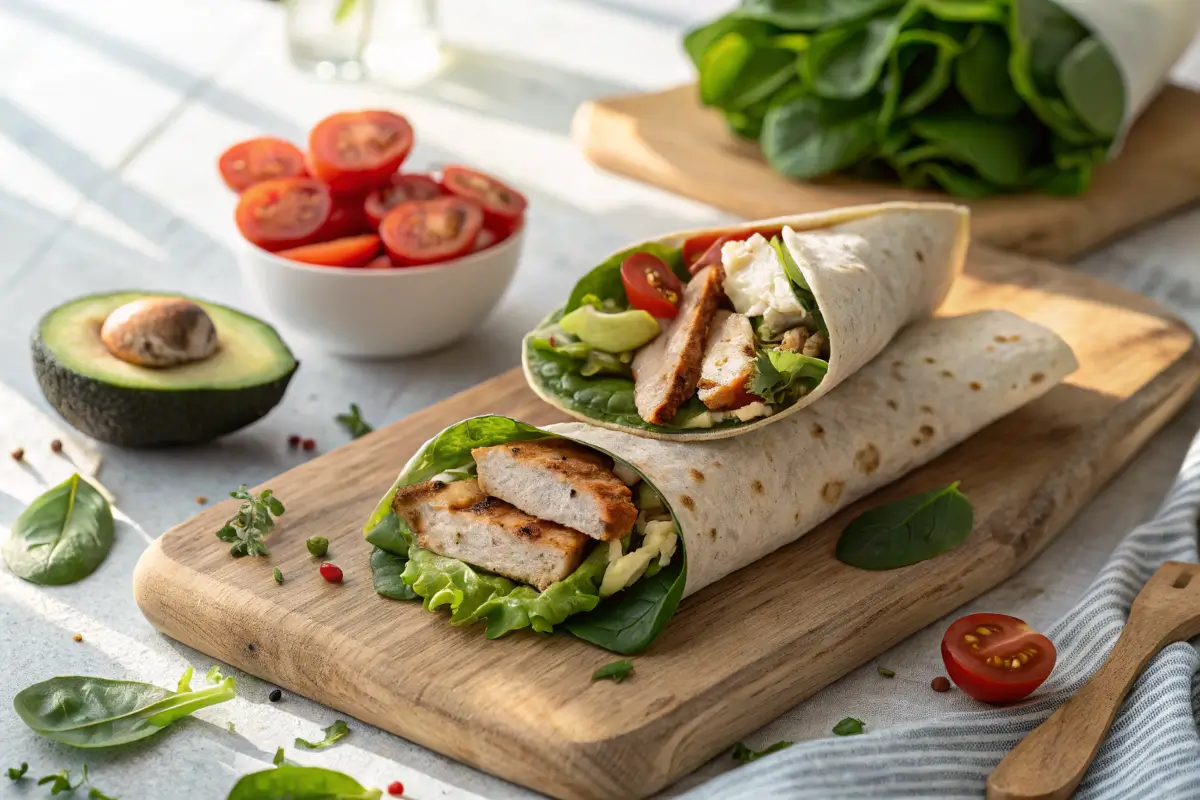 Chicken salad wrap with fresh ingredients on a rustic board.