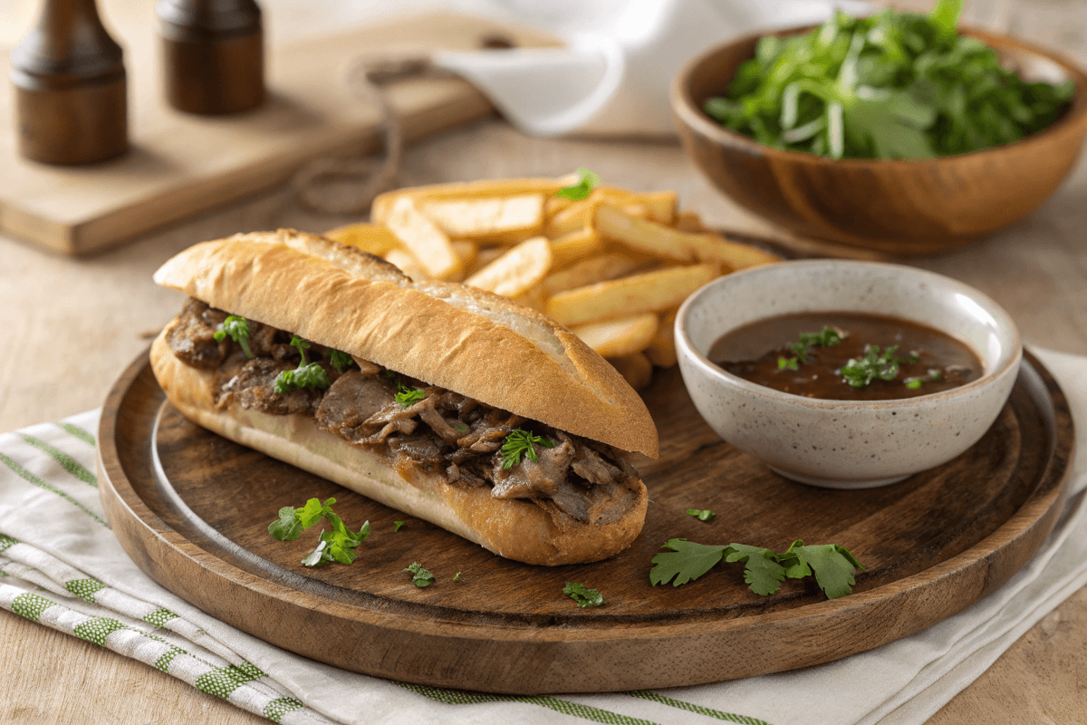 French Dip sandwich with fries and salad