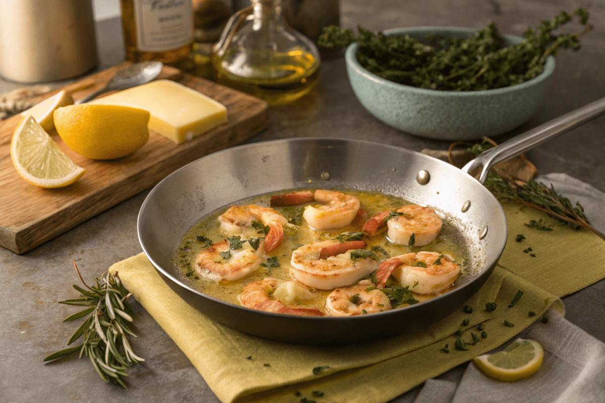 Shrimp cooking in a pan with butter and oil.