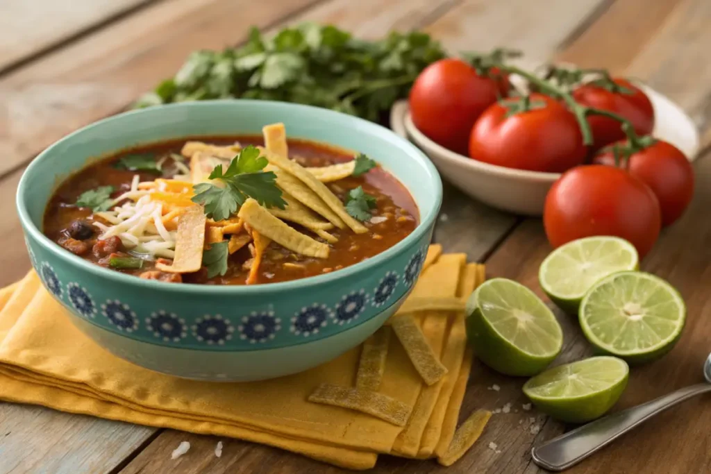 Bowl of taco soup with fresh toppings on a rustic table