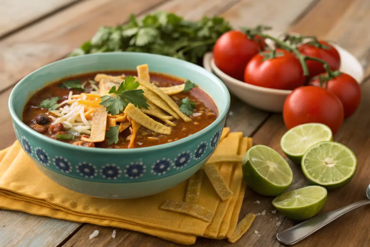 Bowl of taco soup with fresh toppings on a rustic table