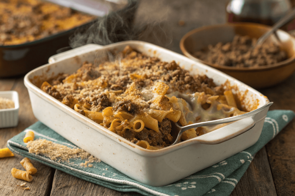 Baked Hamburger Helper Beef Stroganoff with cheese topping