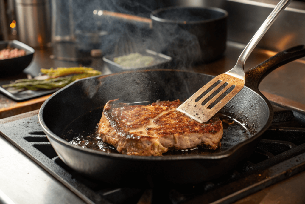 "Steak reheating in a cast-iron skillet on the stovetop."