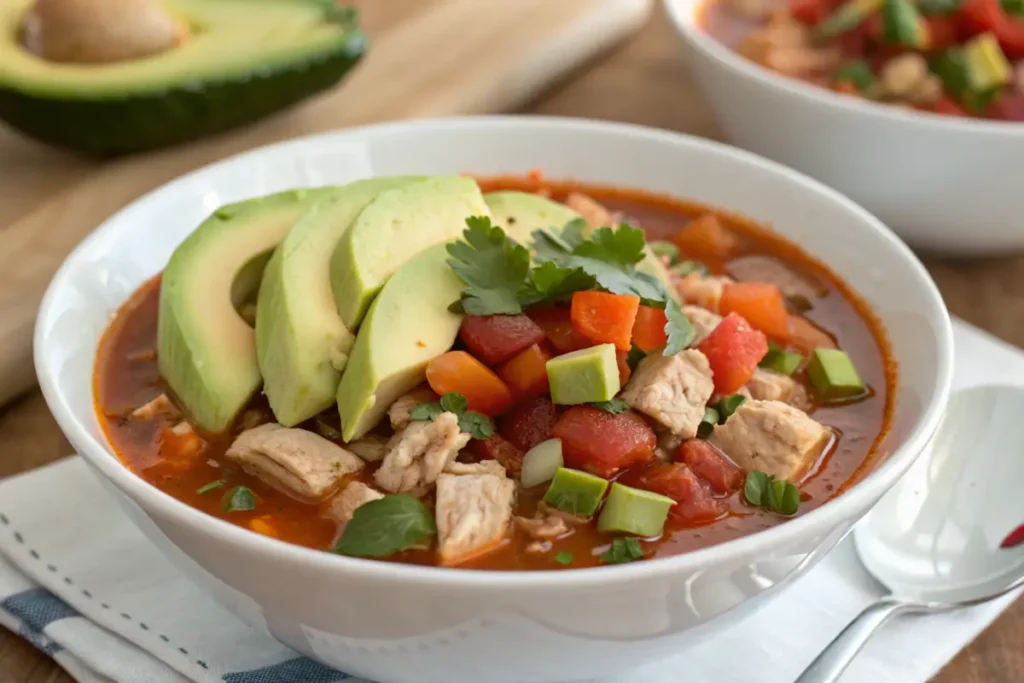 Healthy taco soup with turkey and fresh avocado