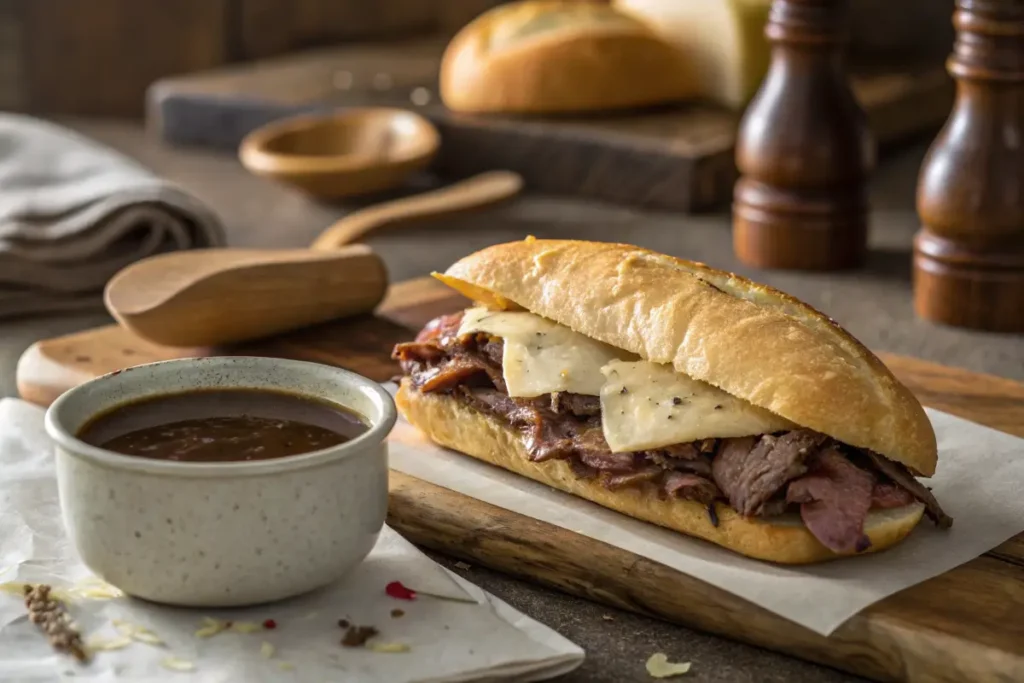 French dip sandwich with beef and au jus