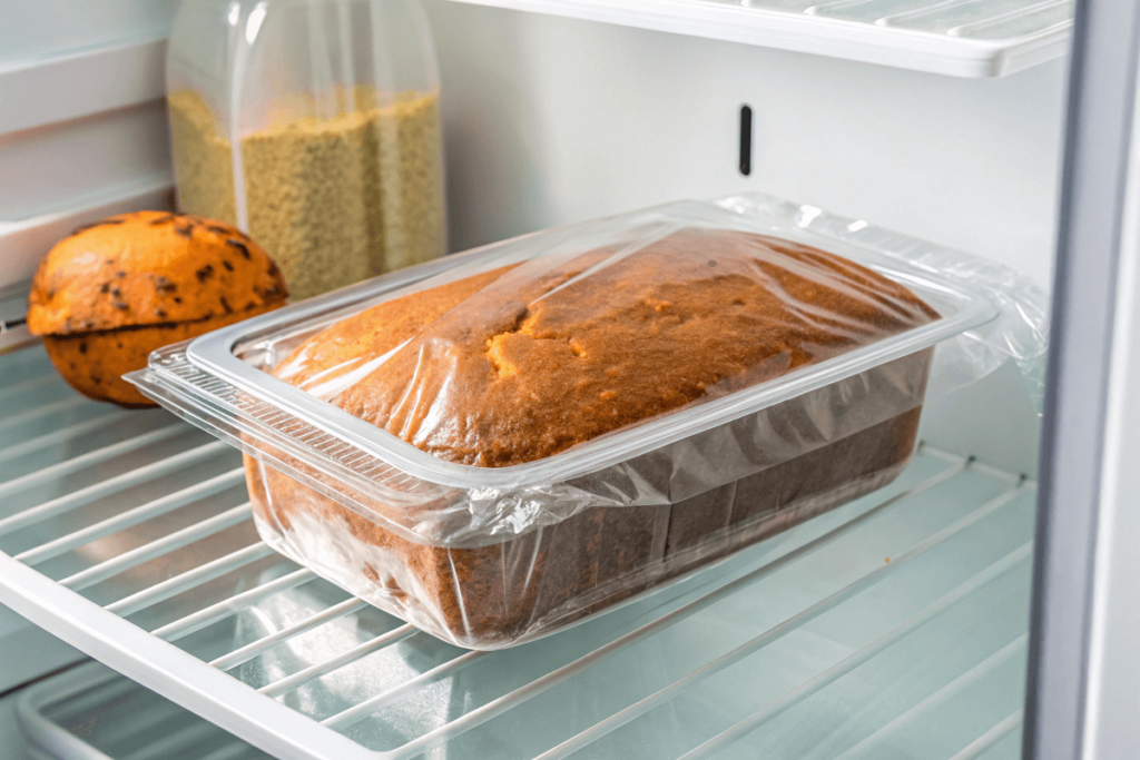 Pumpkin bread wrapped in plastic inside an airtight container