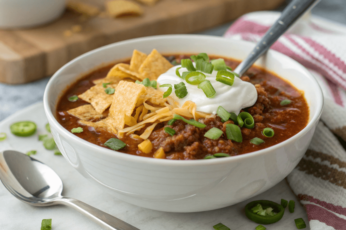 Thick taco soup garnished with cheese and cilantro