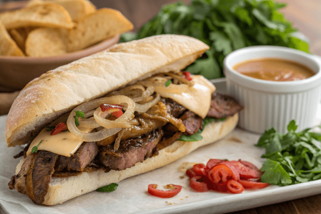 Steak sandwich with cheese and onions in a ciabatta roll